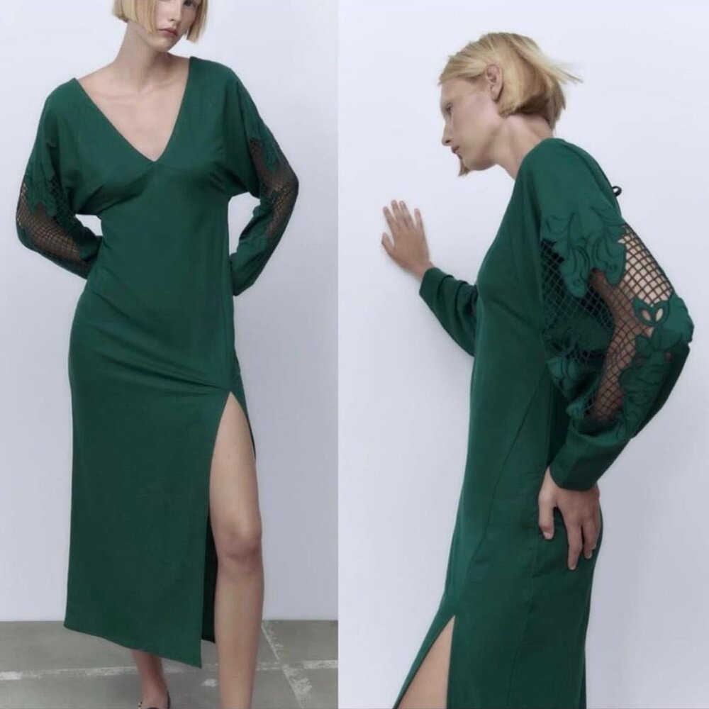 Zara long sleeve mesh cut out midi dress